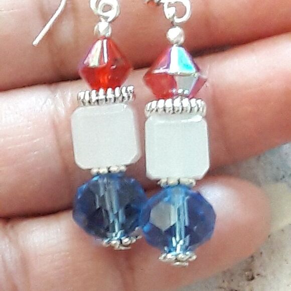Boho Earrings 420# Red White Blue SilverHooks925Stamp Bohemian White ArtisanMad - Picture 2 of 3